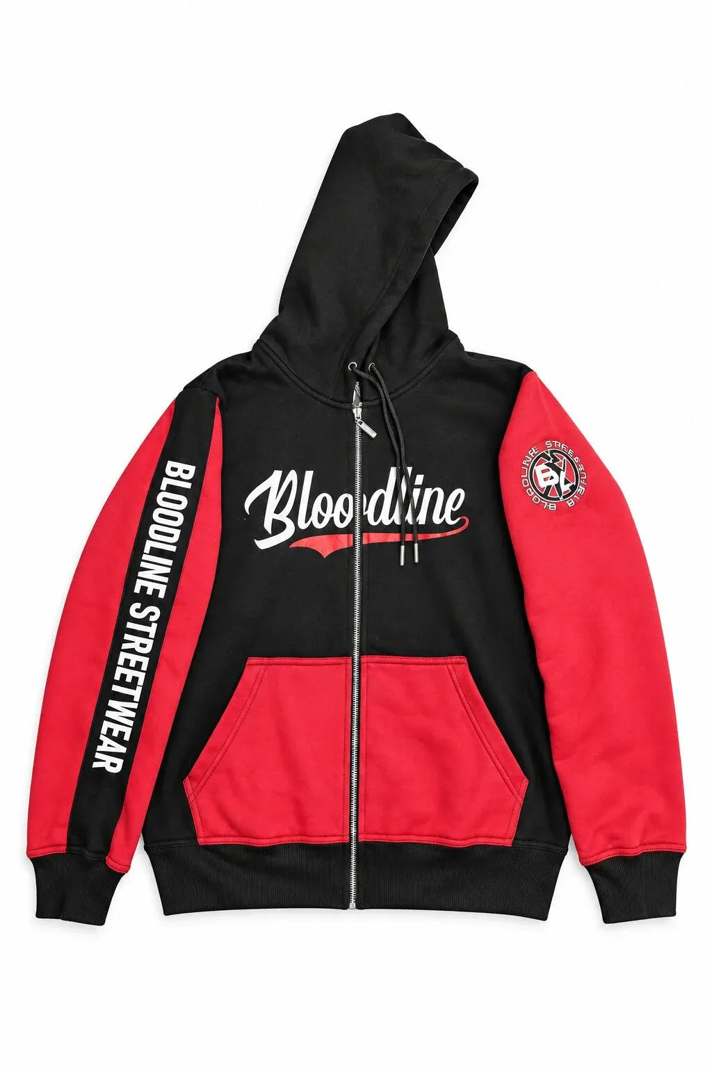 Black and pink hoodie with 'Bloodline' branding on a white background